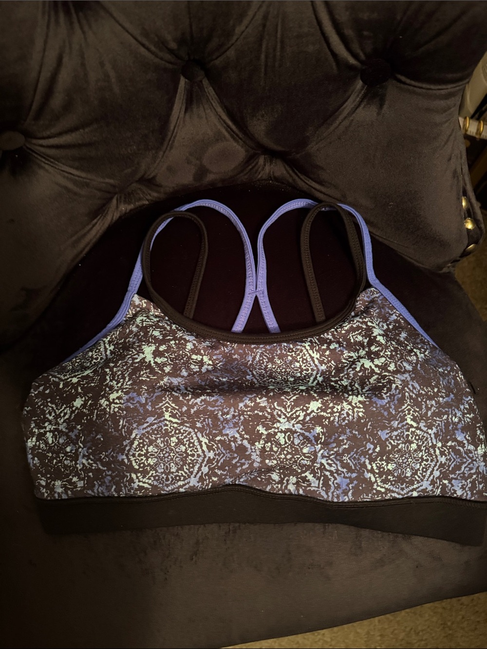 Gaiam Patterned Black and Blue Strappy Sports Bra removable padding